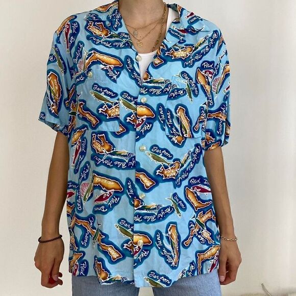 Guess Men’s Best Places To Fish Button Down Shirt Sz XL Blue Vacation Vintage - Picture 1 of 12